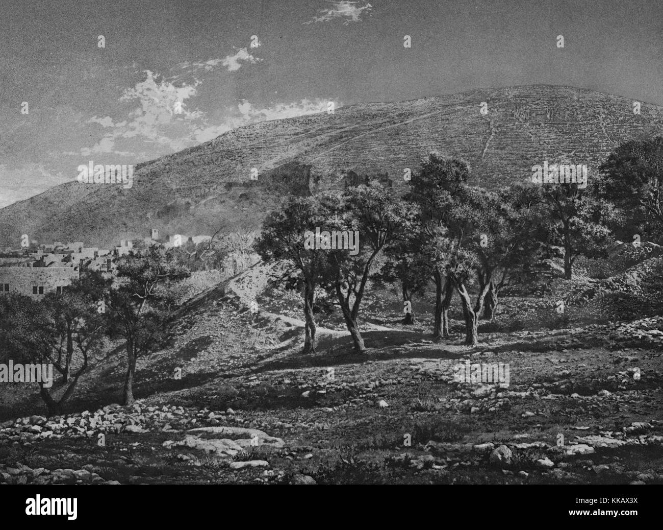 Black and white photograph with rocks and trees in the foreground, hills and ancient settlement in the background, captioned 'Naplouse, Mont Garizim', Mount Gerizim, Nablus, West Bank, Palestine, 1874. From the New York Public Library. Stock Photo
