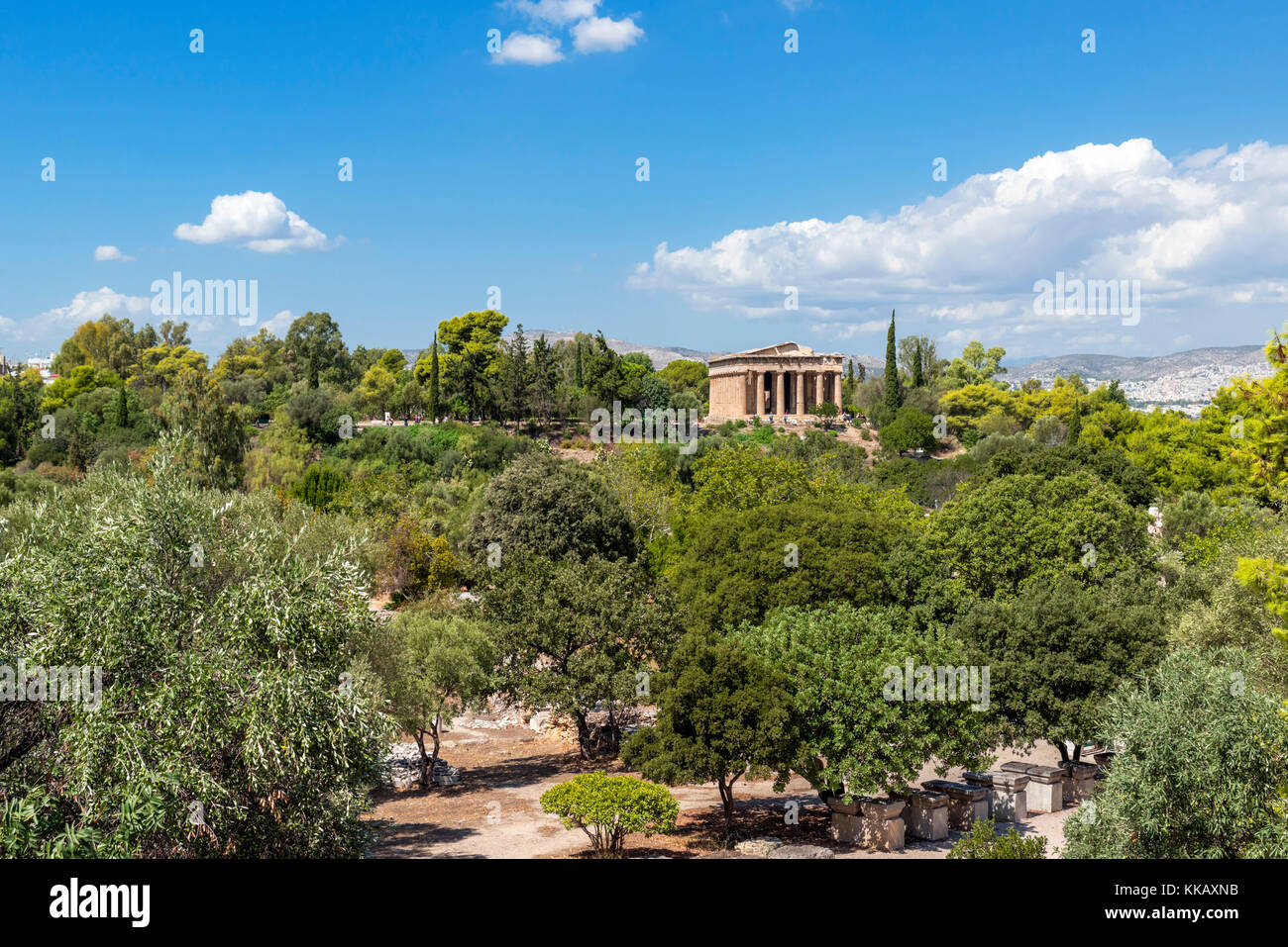 View over the Ancient Agora of Athens towards the Temple of Hephaestus (Hephaistos), Athens, Greece Stock Photo