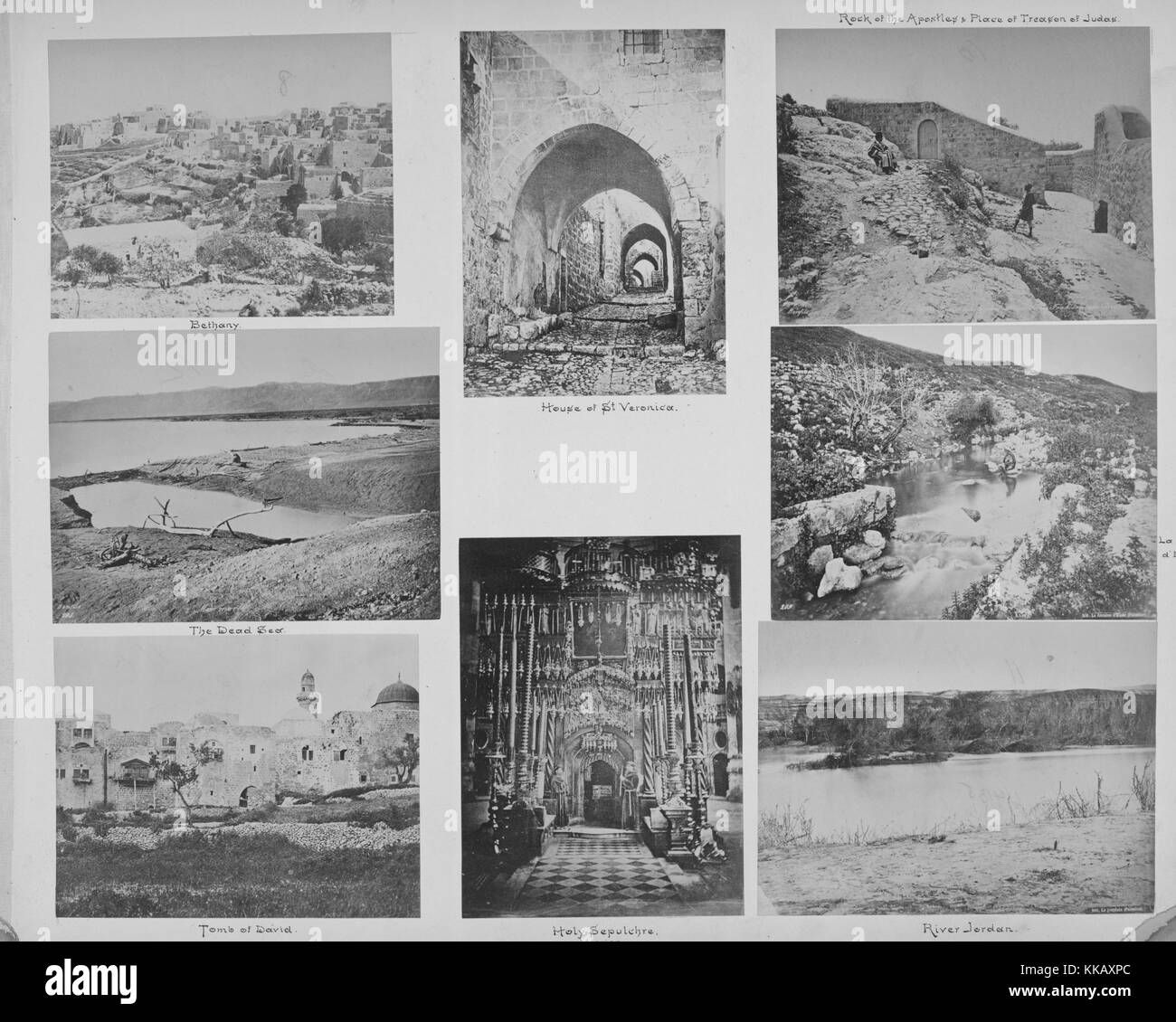 A collection of photographs that are mostly from Israel, starting from the top left and moving clockwise they are - Bethany, The House of St. Veronica, Rock of the apostles and the place of the betrayal by Judas, Fountain of Elisha, River Jordan, Holy Sepulchre, Tomb of David, and The Dead Sea, 1900. From the New York Public Library. Stock Photo