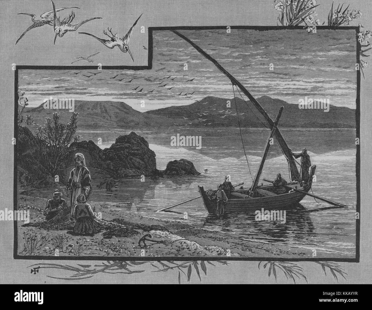 Wood engraving depicting a lake, with men on the shore with a fishing net, and a small boat in the water, captioned 'On the shore of the lake, at Et Tabighah, the supposed site of Bethsaida, an oleander in full bloom grows among the rocks, and storks are characteristically hovering over the lake', from the book 'Picturesque Palestine, Sinai, and Egypt', by Sir Charles William Wilson, 1882. From the New York Public Library. Stock Photo