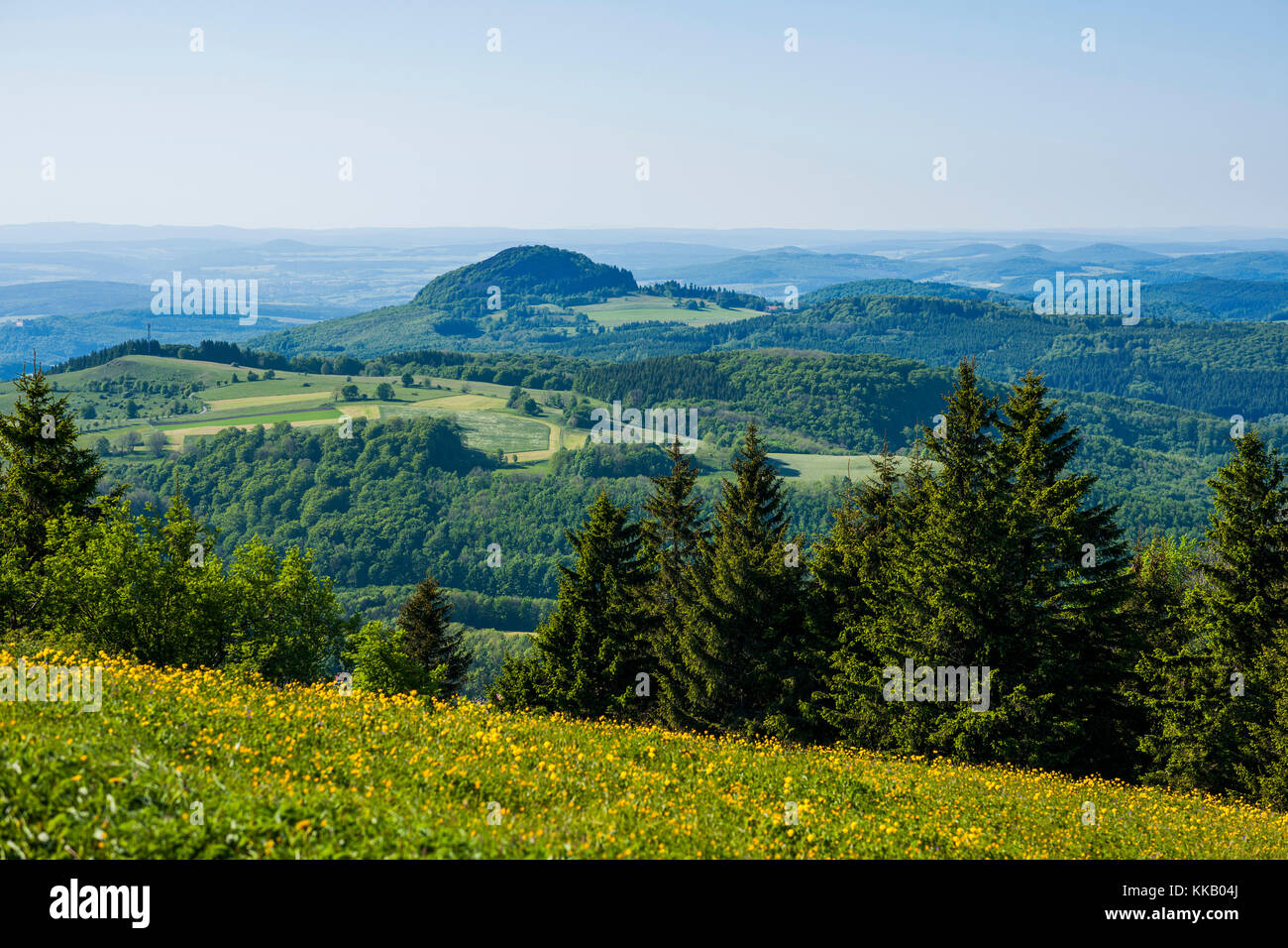 View from the Wasserkuppe to the mountain Milseburg, nature park Park Hessische Rhön, Hesse, Germany Stock Photo