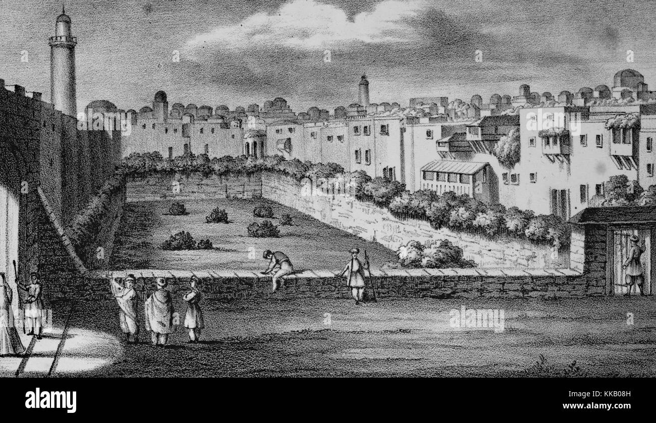 Wood engraving depicting the inside of a city wall, city buildings can be seen in the background, people at the entrance of the wall in the foreground, titled 'Bethesda', from the book 'Picturesque Palestine, Sinai, and Egypt', by Sir Charles William Wilson, 1900. From the New York Public Library. Stock Photo