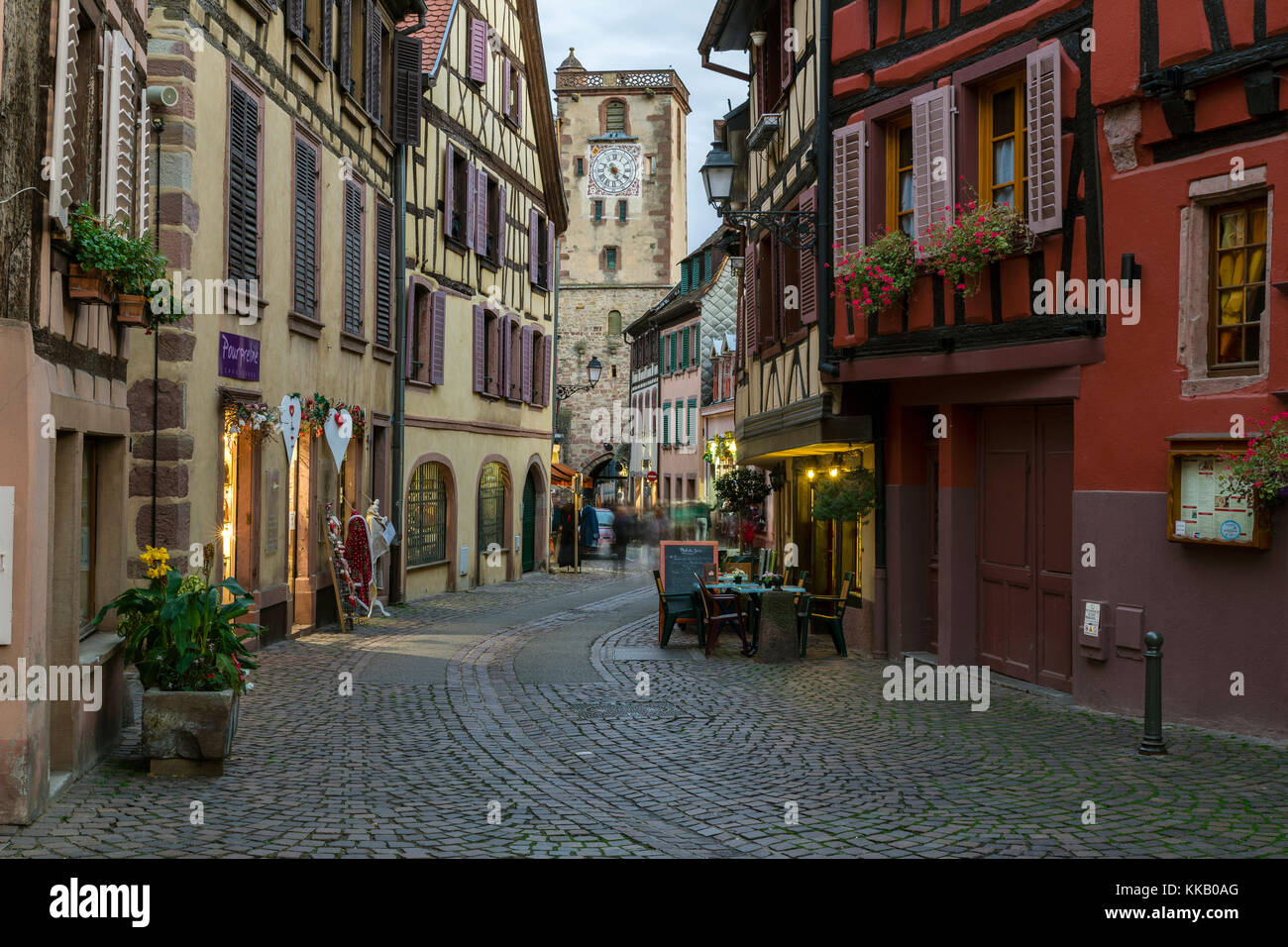 Grand Rue with butcher's tower, Tour des Bouchers, Ribeauville, Alsace wine route, Alsace, Haut-Rhin department, France Stock Photo