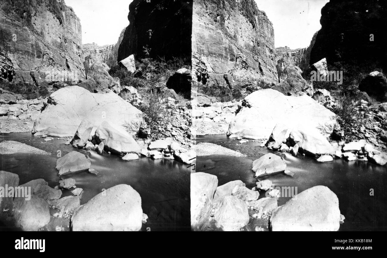 Stereograph of water flowing through the rocky floor of Kanab Canyon, in Arizona or Utah. Image courtesy USGS. 1875. Stock Photo