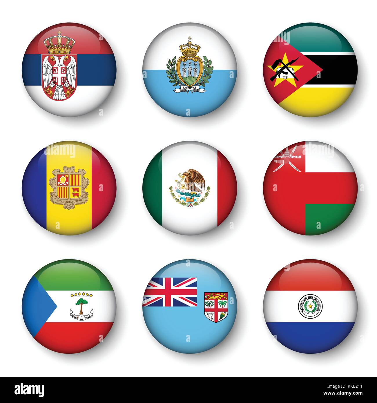 Set of world flags round badges ( Serbia . San marino . Mozambique . Andorra . Mexico . Oman . Equatorial Guinea . fiji . Paraguay ) . Stock Vector