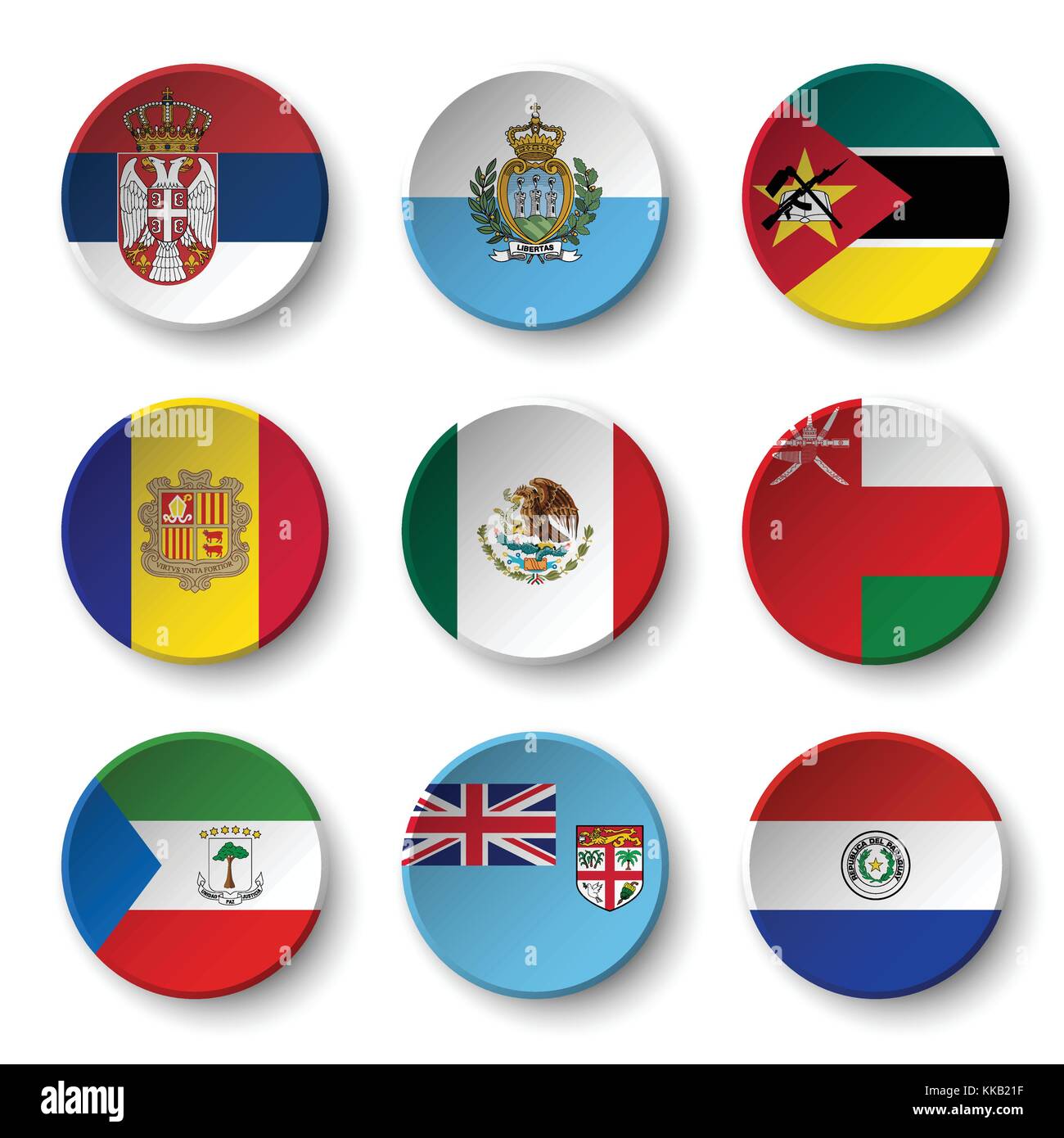 Set of world flags round badges ( Serbia . San marino . Mozambique . Andorra . Mexico . Oman . Equatorial Guinea . fiji . Paraguay ) . Stock Vector