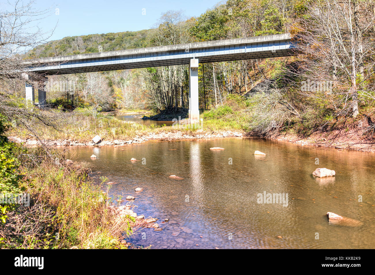 Williams river in autumn with stones, bridge and Highland Scenic