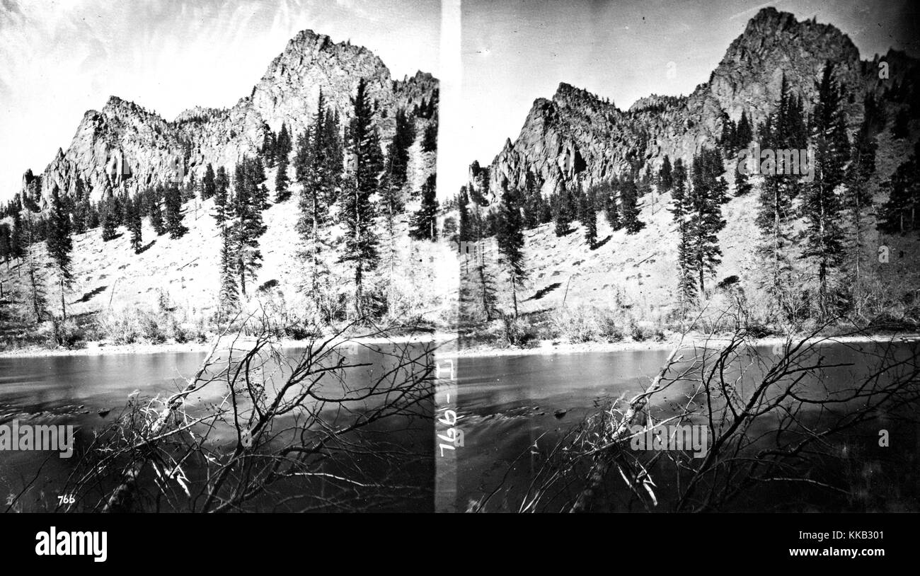 Stereograph of the Rio Grande Del Norte below Wagon Wheel Gap, Colorado. Image courtesy USGS. 1874. Stock Photo