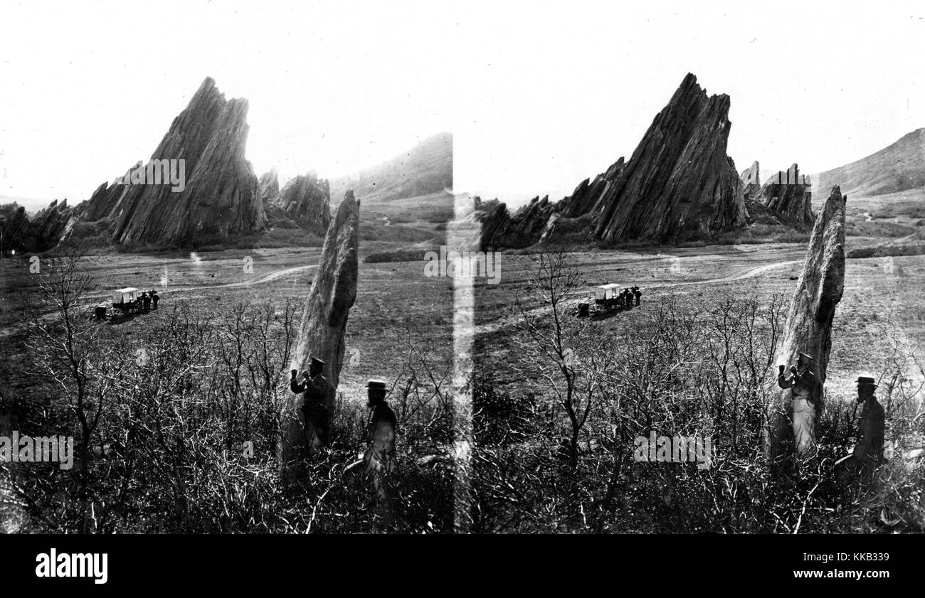Stereograph of angular rock formations rising from the ground near Platte Canyon, Colorado. Image courtesy USGS. 1870. Stock Photo