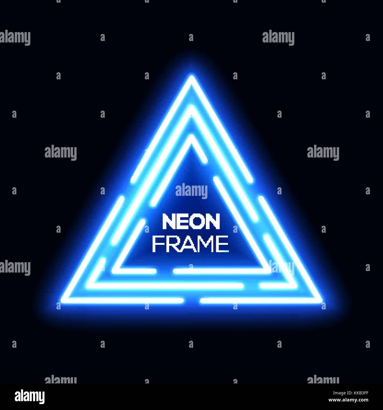 Blue neon light triangles. Shining techno frame. Night club electric bright 3d sign. Banner design on dark blue backdrop. Neon abstract tech background with glow. Technology vector illustration EPS 10 Stock Vector