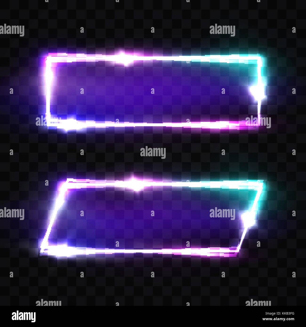Night Club Neon Signs Set. Blank 3d Retro Light Background With Shining Neon Effect. Techno Frame With Glow On Transparent Backdrop. Electric Street Banner. Colorful Vector Illustration in 80s Style. Stock Vector