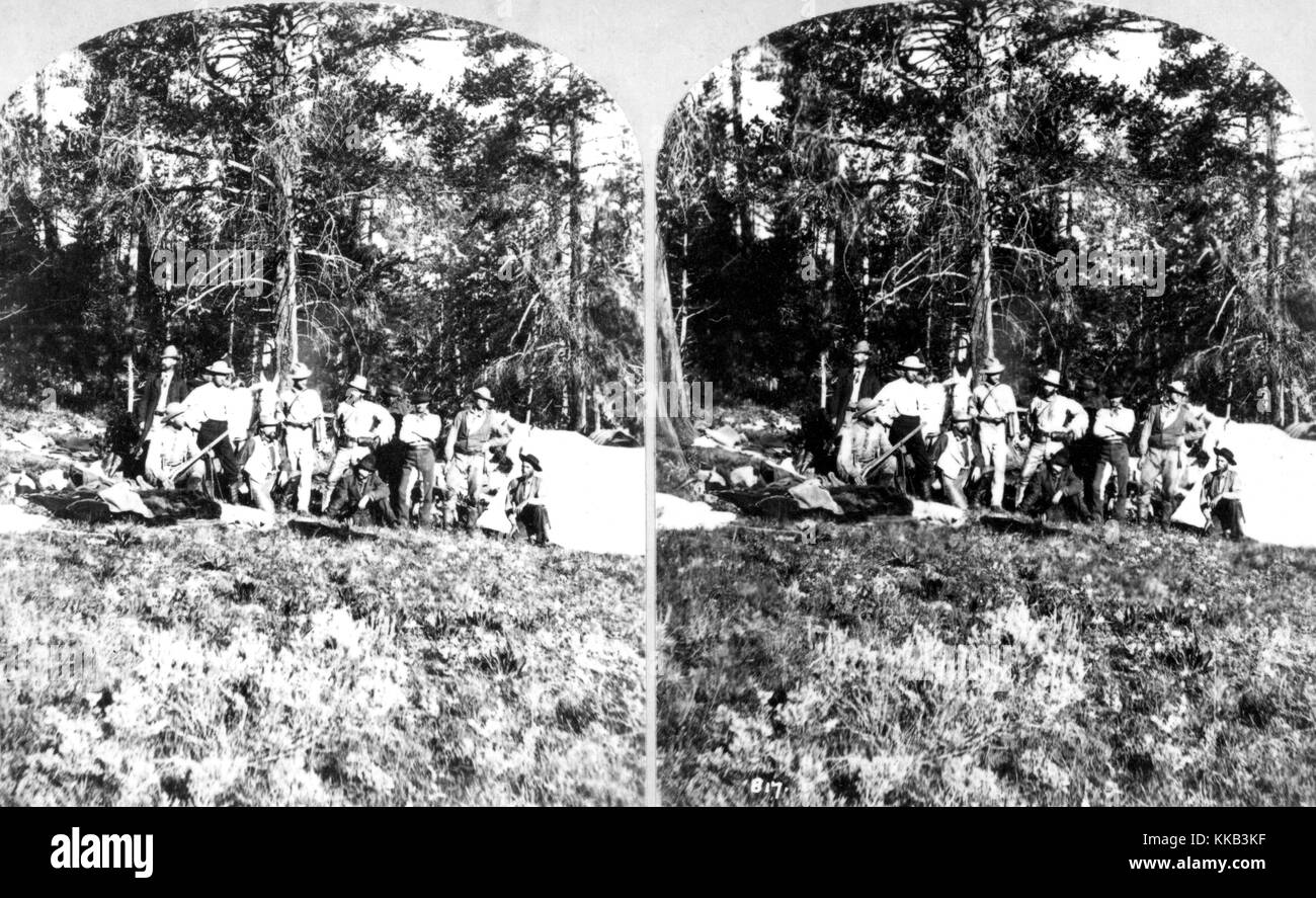 Stereograph of USGS employees posing as a group at their field camp, Colorado. Image courtesy USGS. 1874. Stock Photo