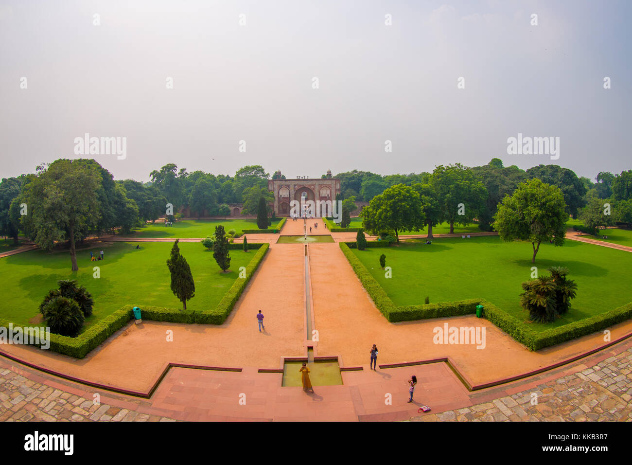 DELHI, INDIA - SEPTEMBER 19, 2017: Aerial view of Humayun s Tomb, Delhi, India. UNESCO World Heritage Site, it is the tomb of the Mughal Emperor Humayun, fish eye effect Stock Photo