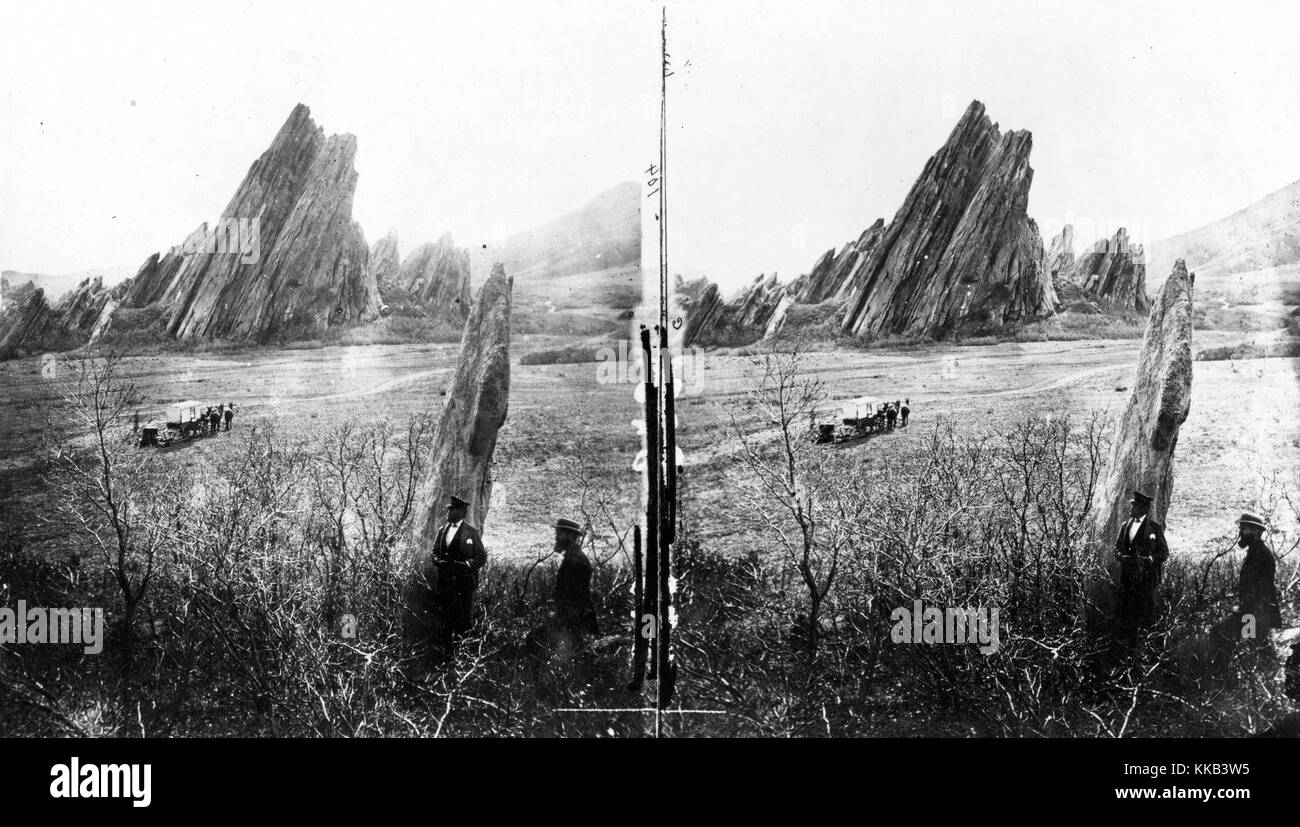 Stereograph of rocks rising from the ground near Platte Canyon, Colorado. Image courtesy USGS. 1870. Stock Photo