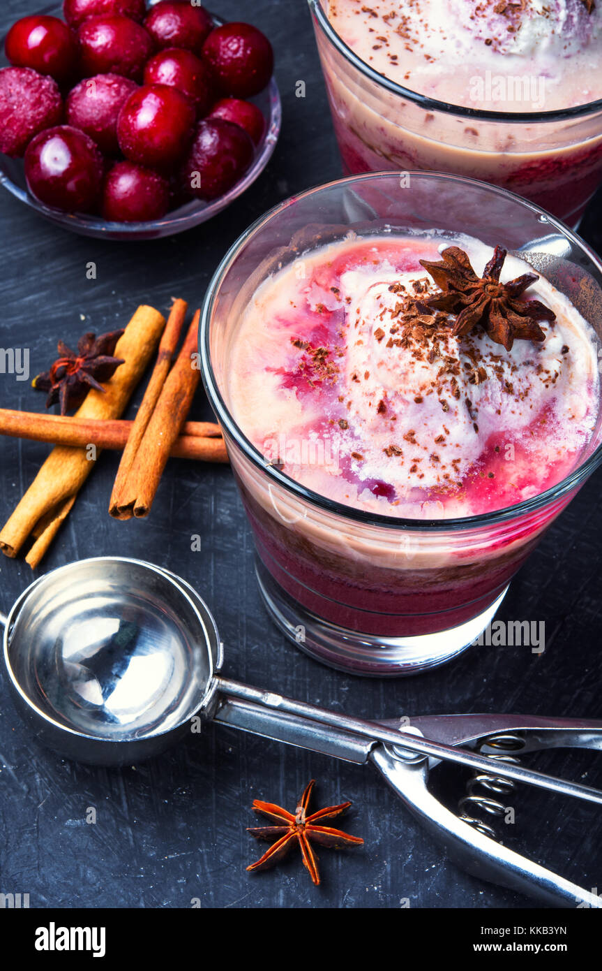 homemade ice cream with cherry flavor in a glass Stock Photo