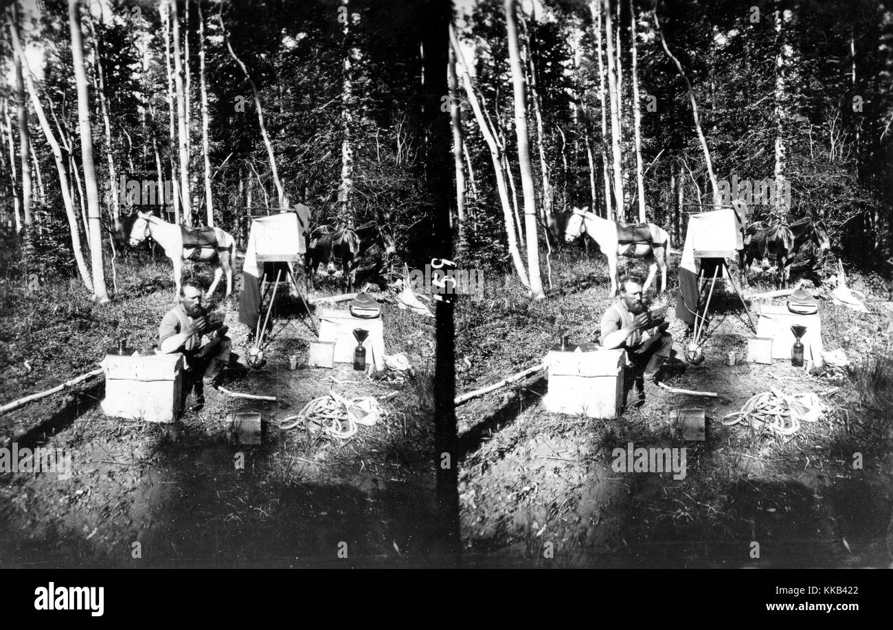 Stereograph of USGS photographer J.K Hillers working with his equipment, Aquarius Plateau, Utah. Image courtesy USGS. 1875. Stock Photo