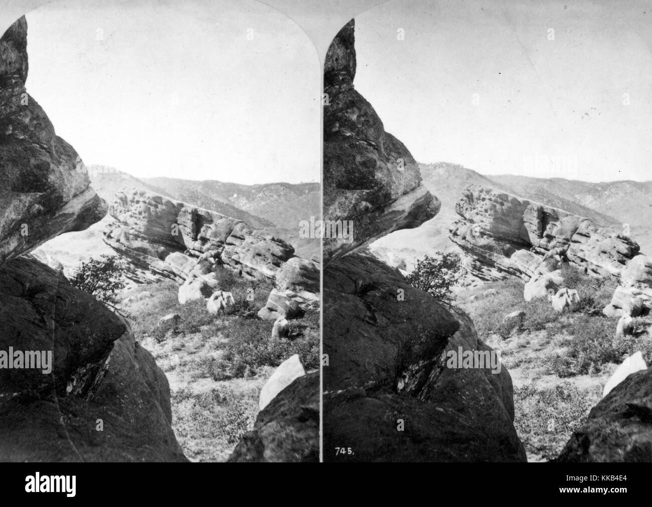 Stereograph of the view among the rocks of Pleasant Park, Colorado. Image courtesy USGS. 1874. Stock Photo