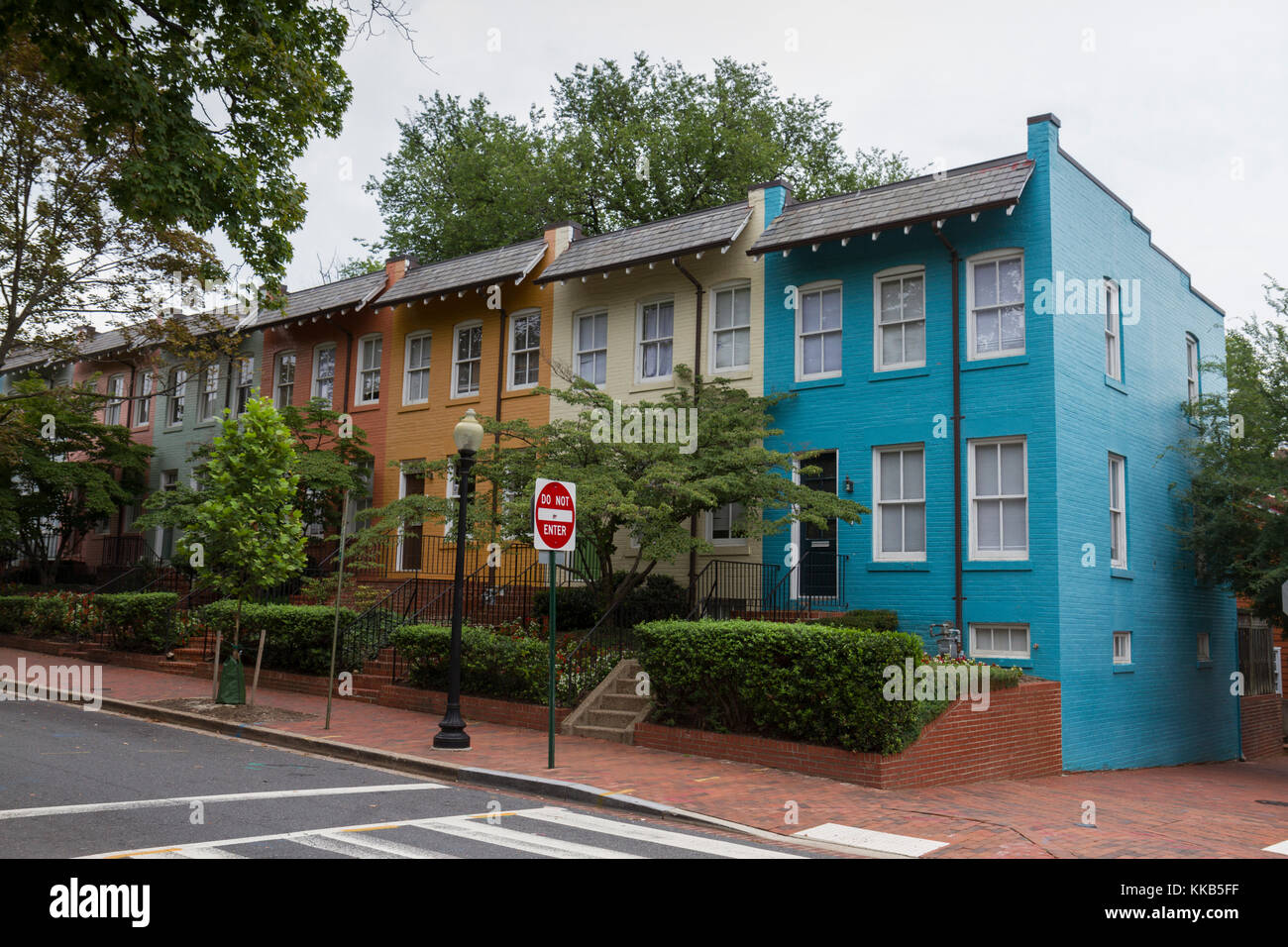 Colorful residential properties opposite Georgetown University in the historic neighborhood of Georgetown, Washington DC, United States. Stock Photo
