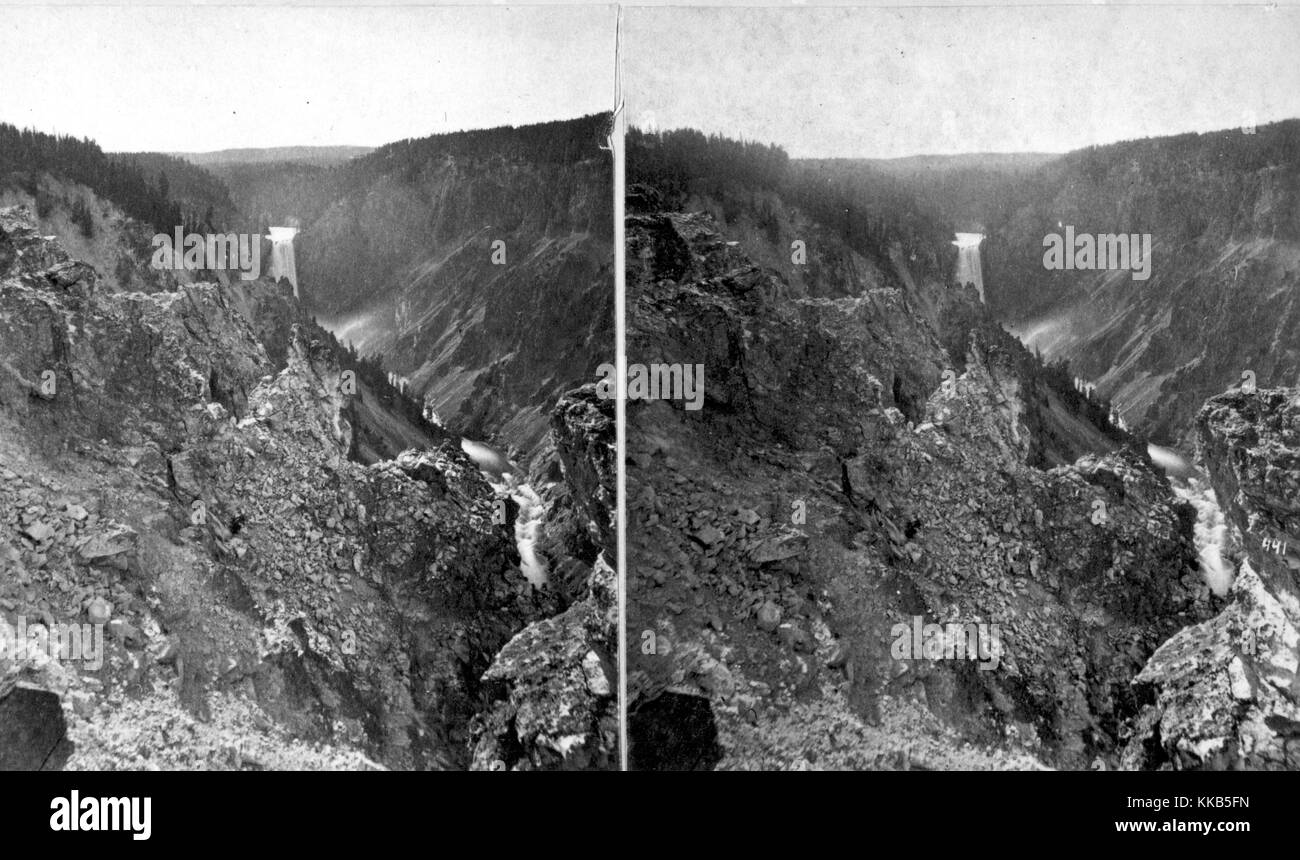 A stereograph of the Upper Falls of the Yellowstone River as viewed