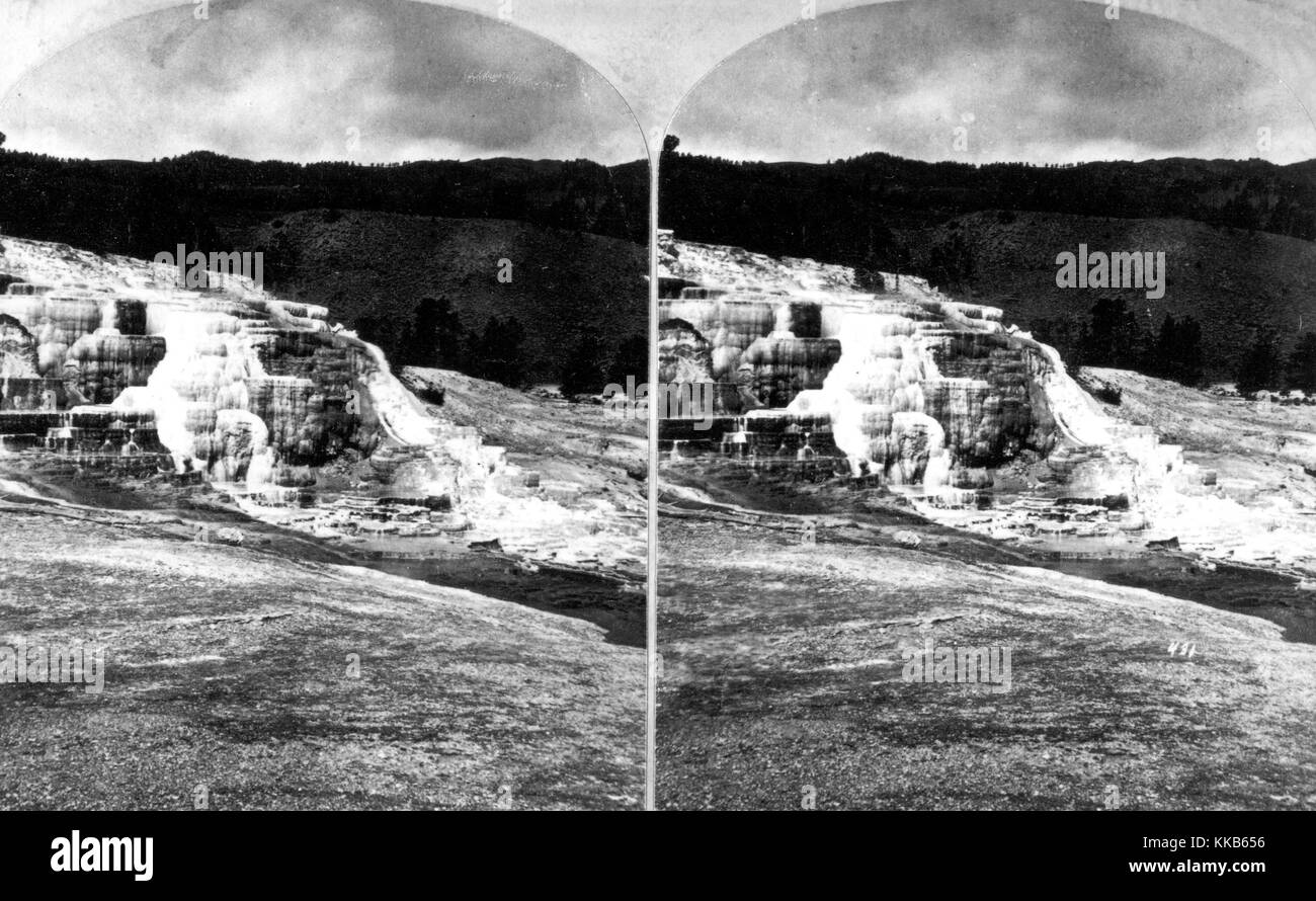 A stereograph of the hot springs on the Gardner River in the lower