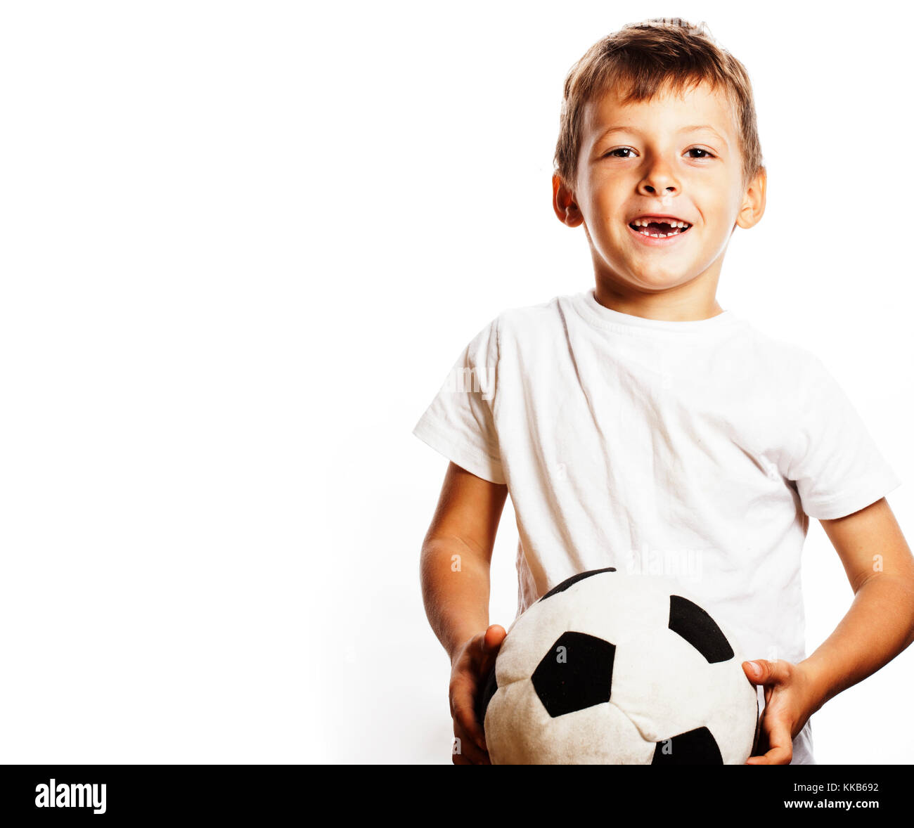 little cute boy playing football ball isolated on white background ...