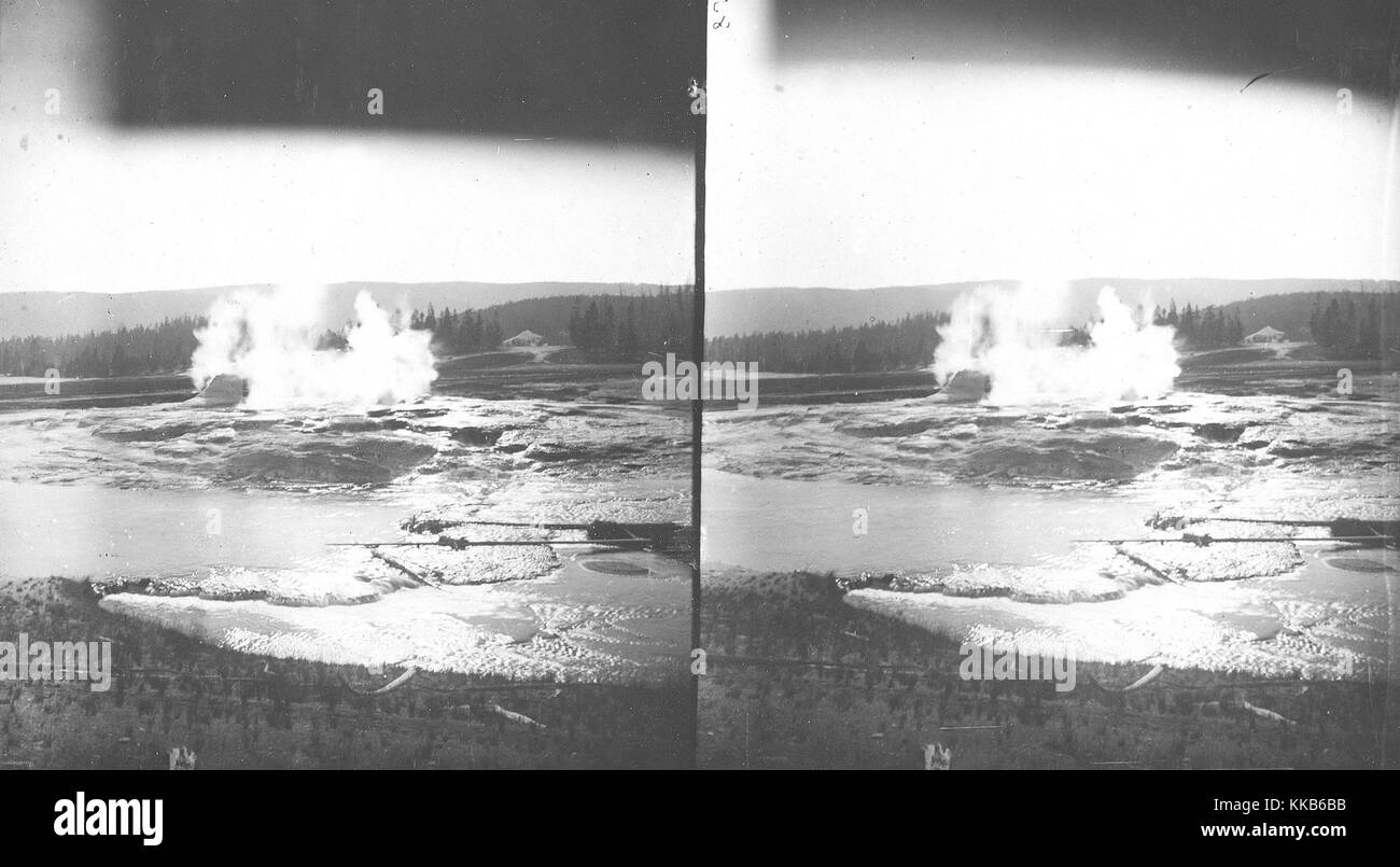 Stereograph showing Giant Geyser following an eruption in the Upper