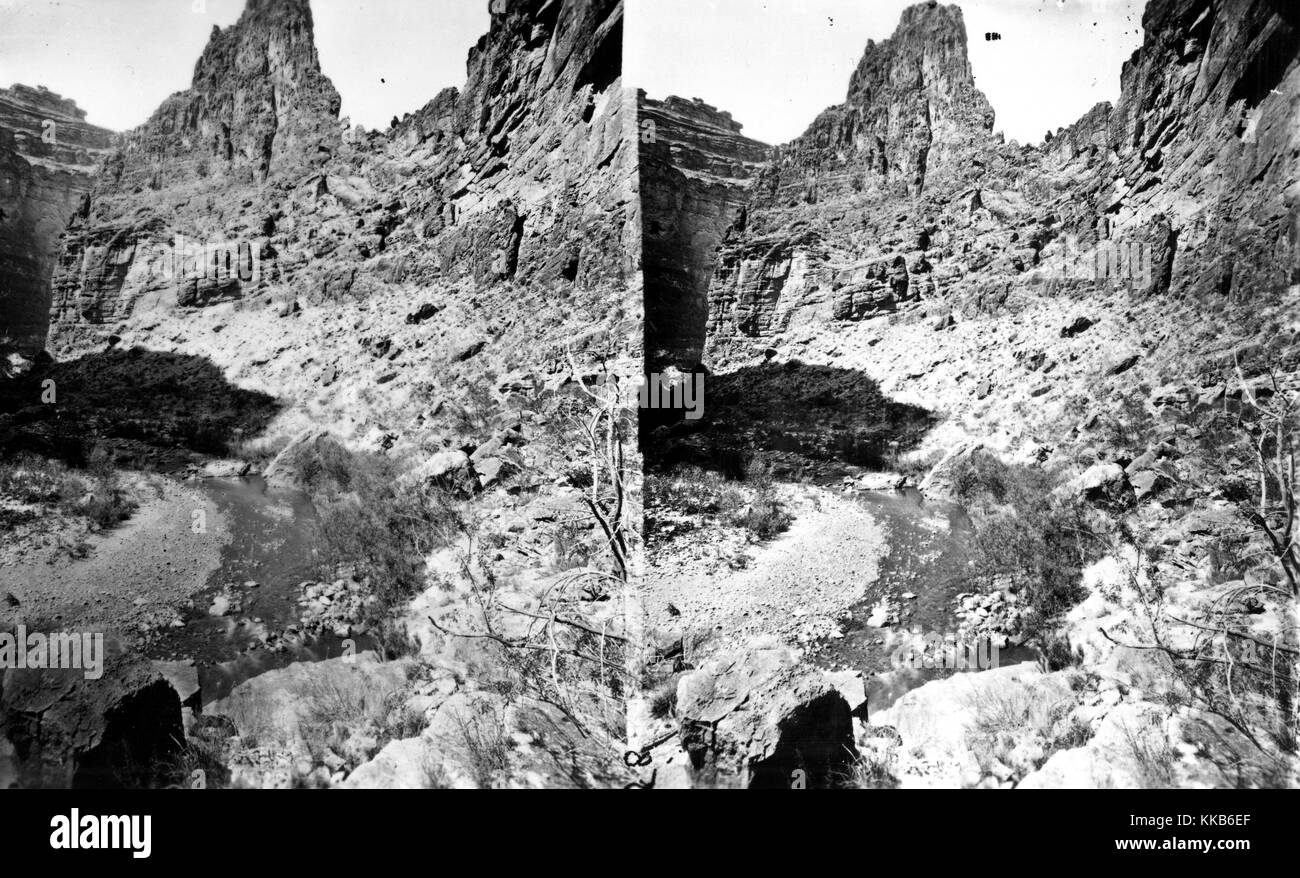 Stereograph of the rocky terrain of the Kanab Canyon near Pinnacle, Arizona. Image courtesy USGS. 1870. Stock Photo