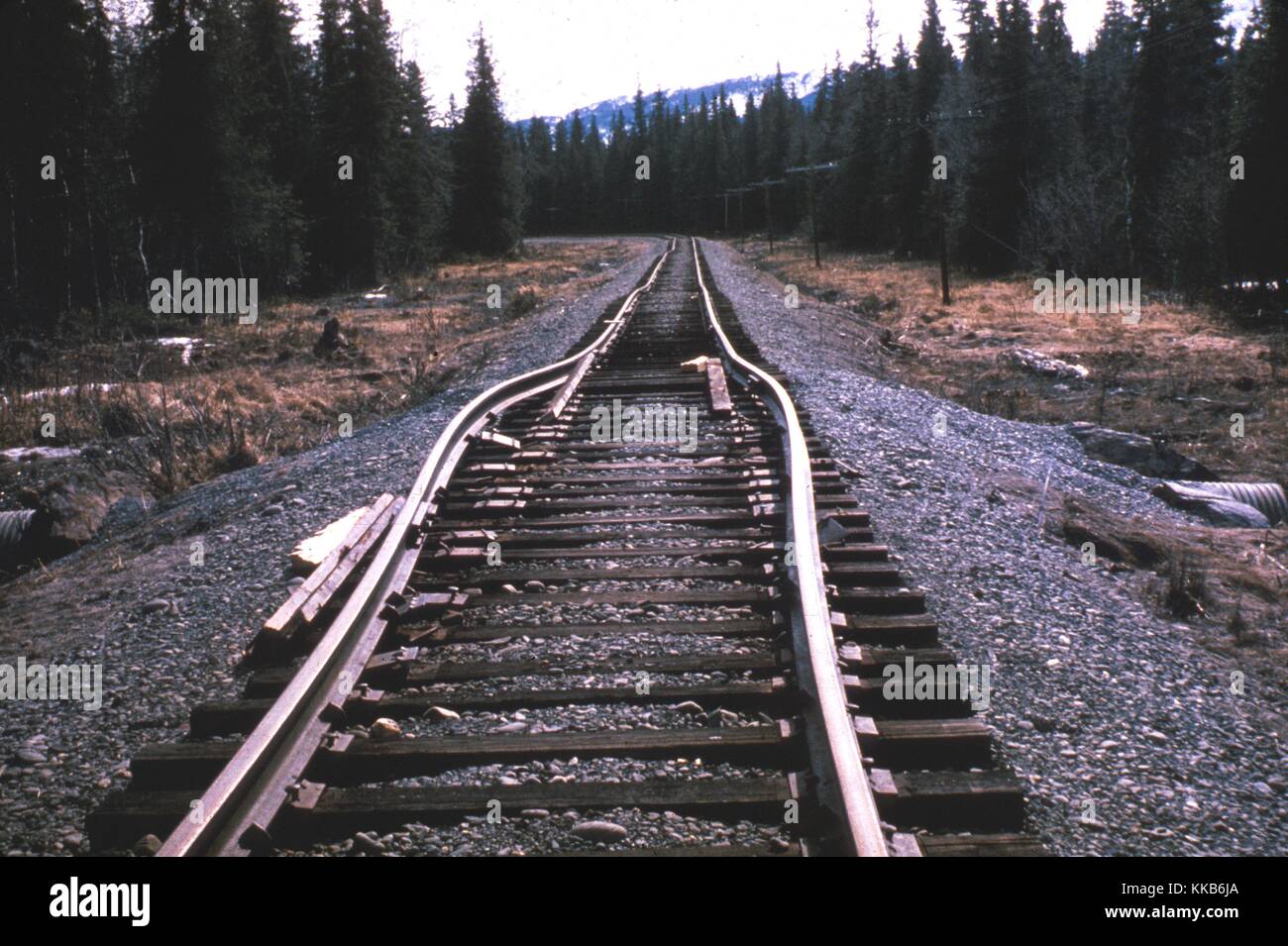 Train rails that have been buckled due to the effects of the magnitude 9.2 1964 Alaska Earthquake. Image courtesy USGS. March 27, 1964. Stock Photo
