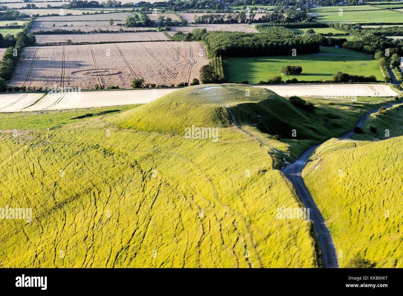 Northwest from Whitehorse Hill over the flat topped Dragon Hill. Part of the prehistoric complex of White Horse Hill, Uffington, Oxfordshire, England Stock Photo