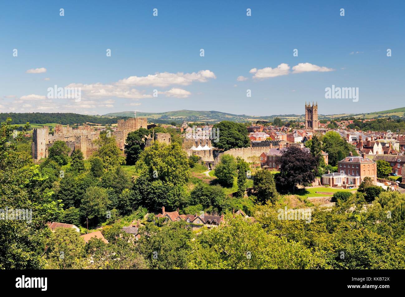 North East over the mediaeval castle and market town of Ludlow, Shropshire, England, UK Stock Photo
