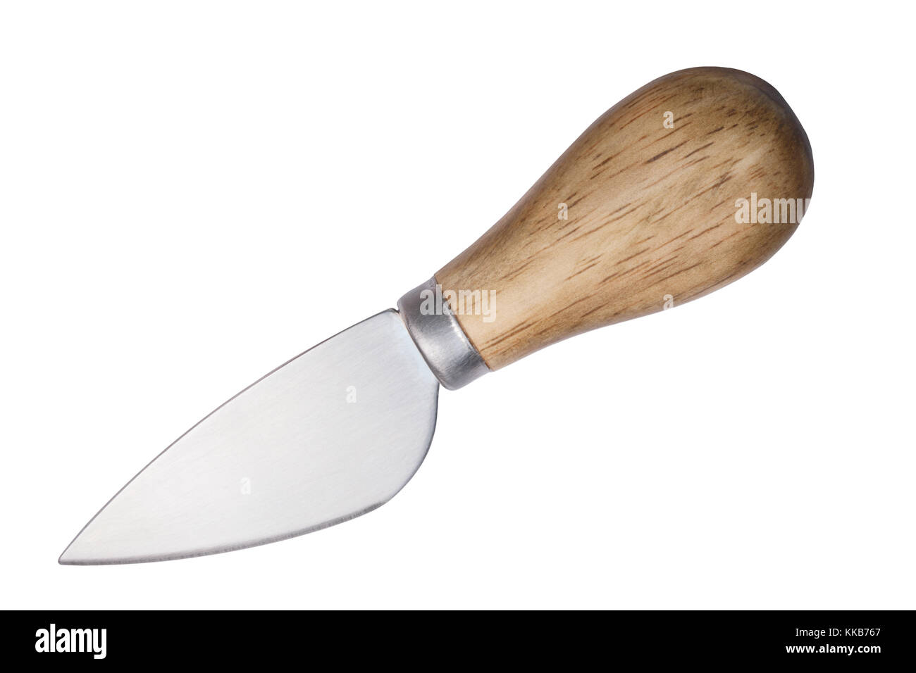 Cheese knife with wooden handle, heart-shaped for hard cheeses. Shabby appearance. Top view, clipping path Stock Photo