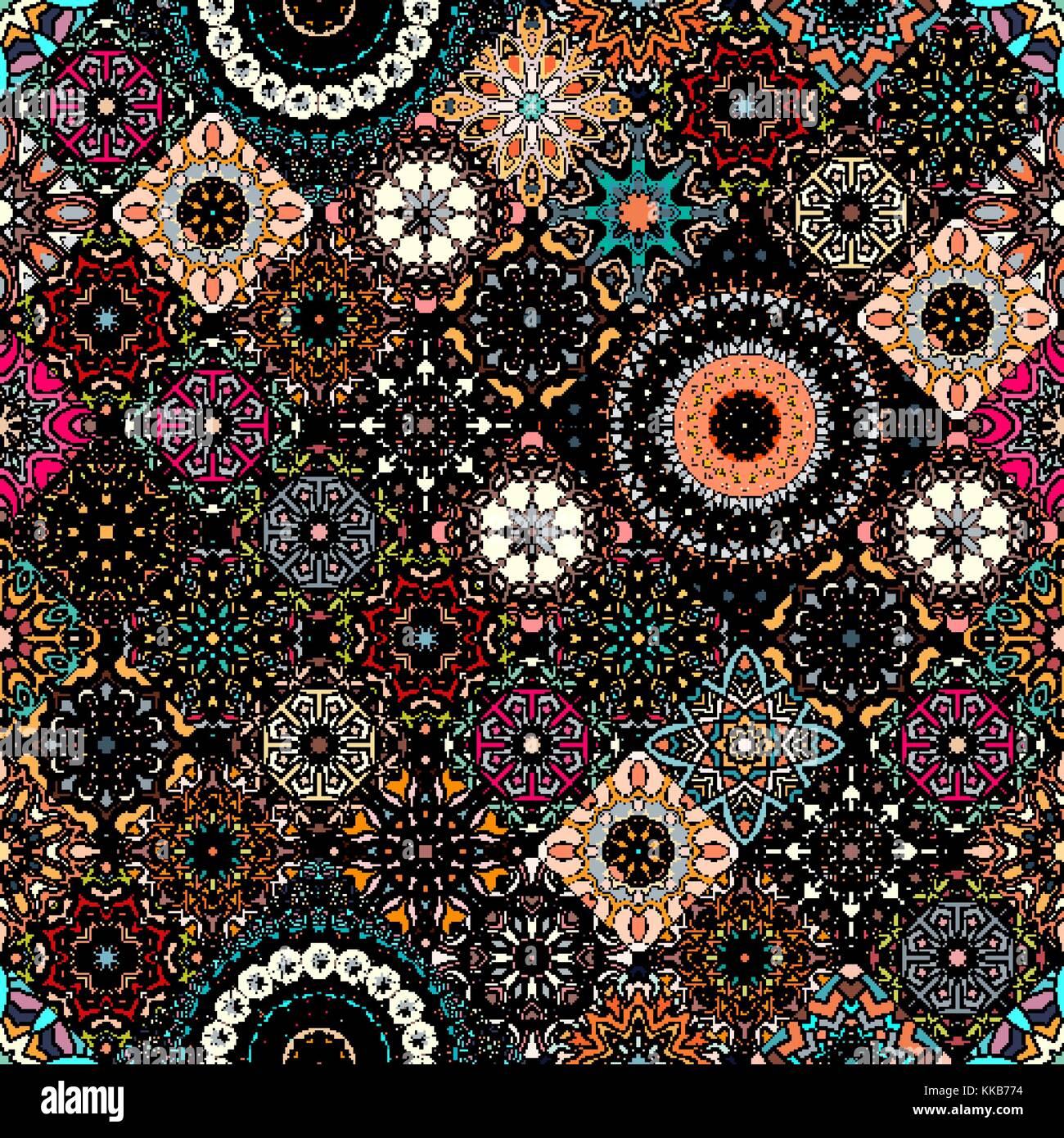 Colorful vintage seamless pattern with floral and mandala elements.Hand