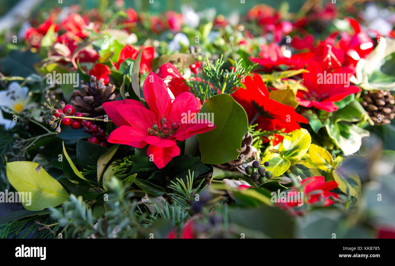 Close up of Christmas floral decorations laid out ready for sale at annual Mistletoe & Holly Auction, Tenbury Wells, Worcestershire. Stock Photo