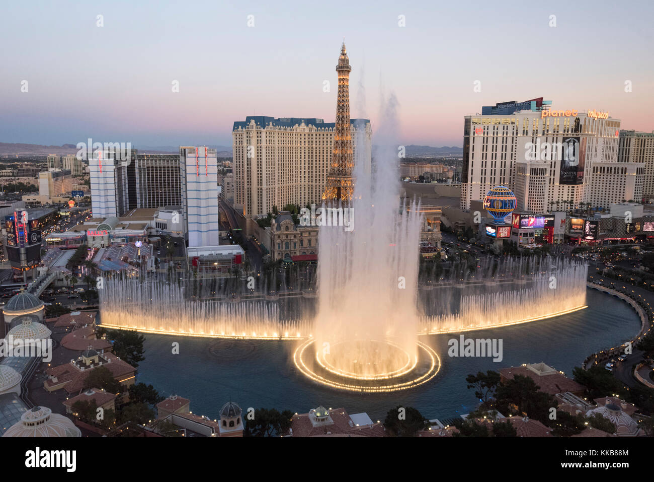 View of Bellagio fountains and part of the Strip at dusk, Las Vegas, Nevada, USA Stock Photo