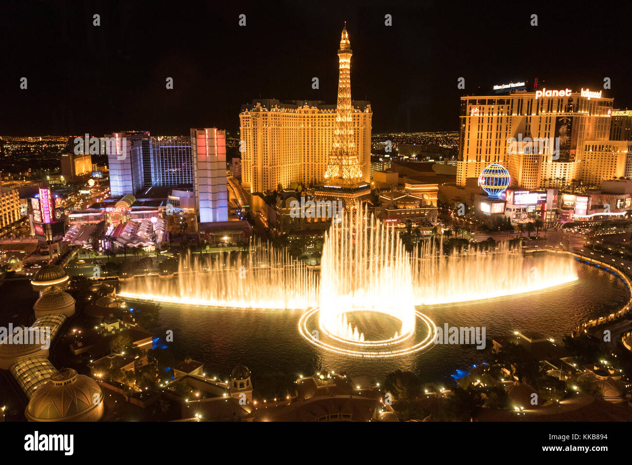 View of Bellagio fountains and part of the Strip at night, Las Vegas, Nevada, USA Stock Photo