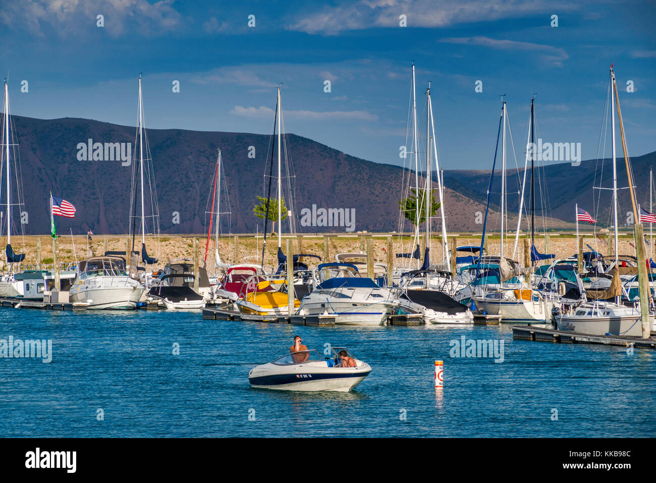 Boats at marina, Bear Lake State Park, Black Mountain in distance, Bear