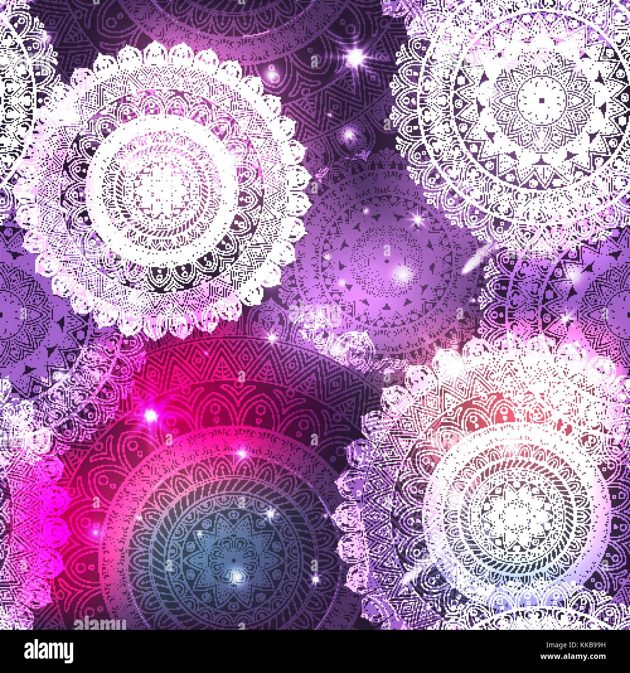 Ornate floral seamless texture, endless pattern with glowing bright mandala elements. Stock Vector