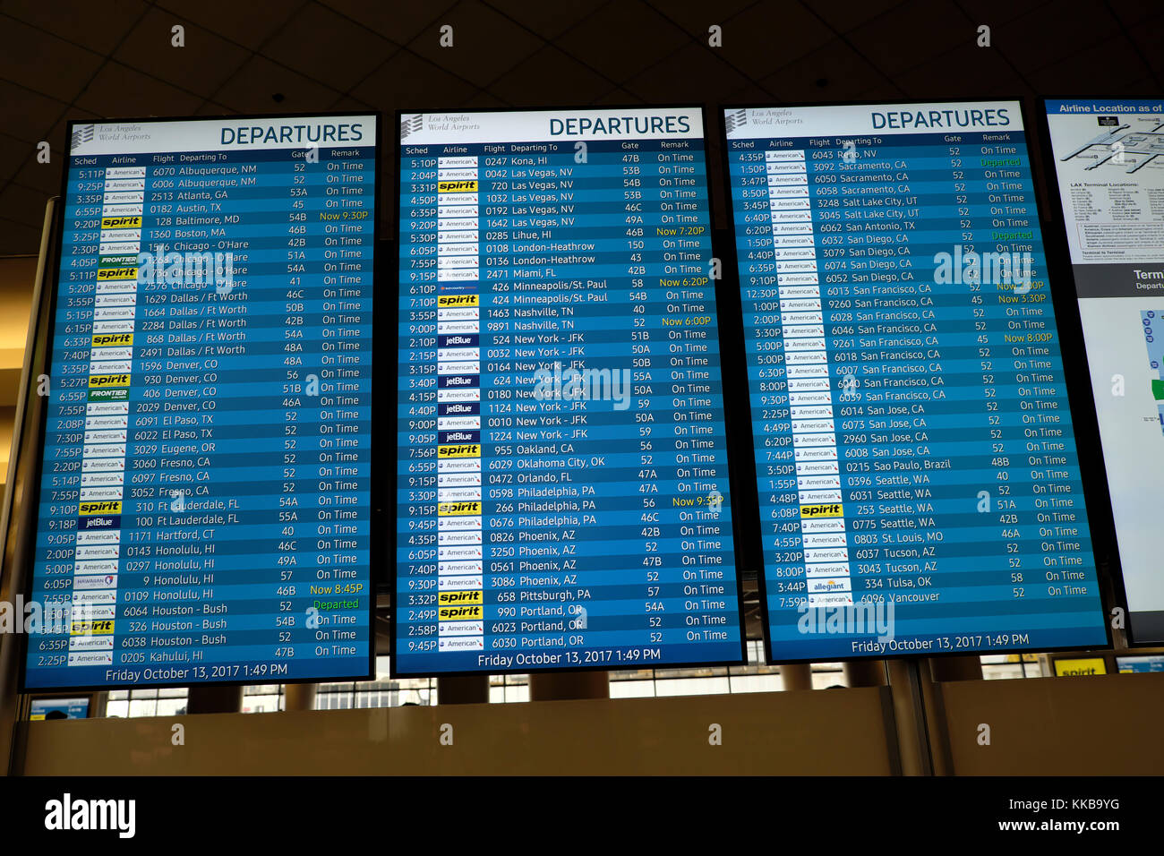 Flight information departures board screen display to various international destinations at LAX airport in Los Angeles California, USA    KATHY DEWITT Stock Photo