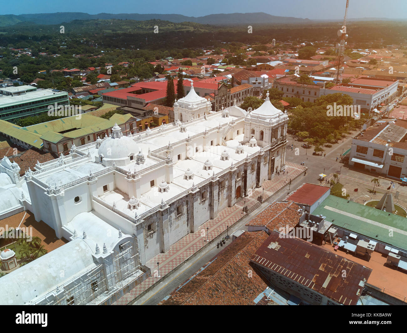 Church in Leon NIcaragua aerial drone view. Panoramic view of Leon town Stock Photo