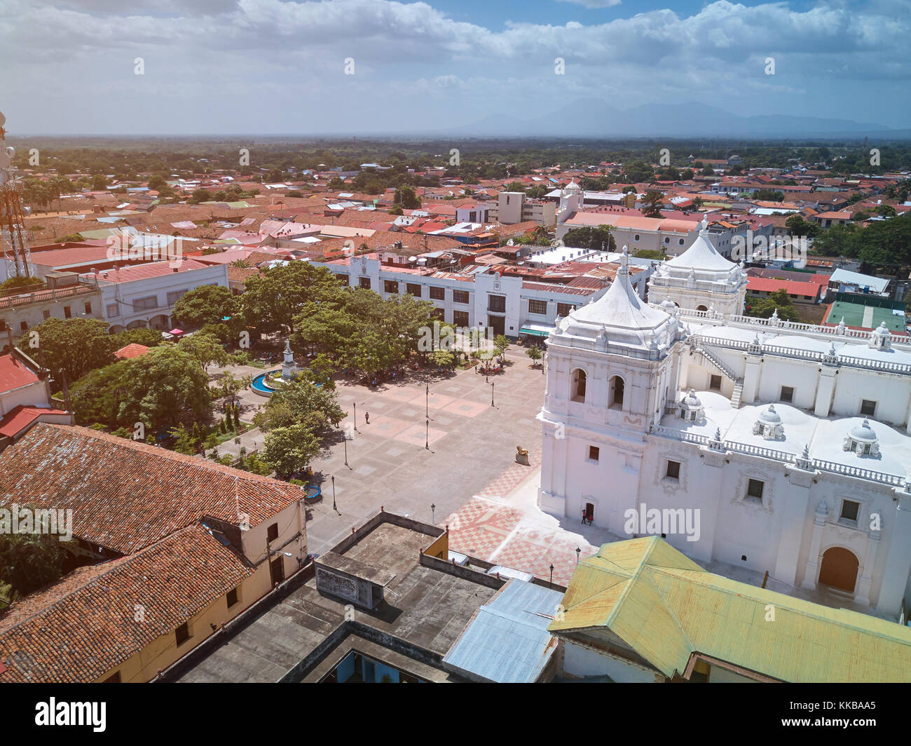 White cathedral in Leon city in Nicaragua aerial view Stock Photo
