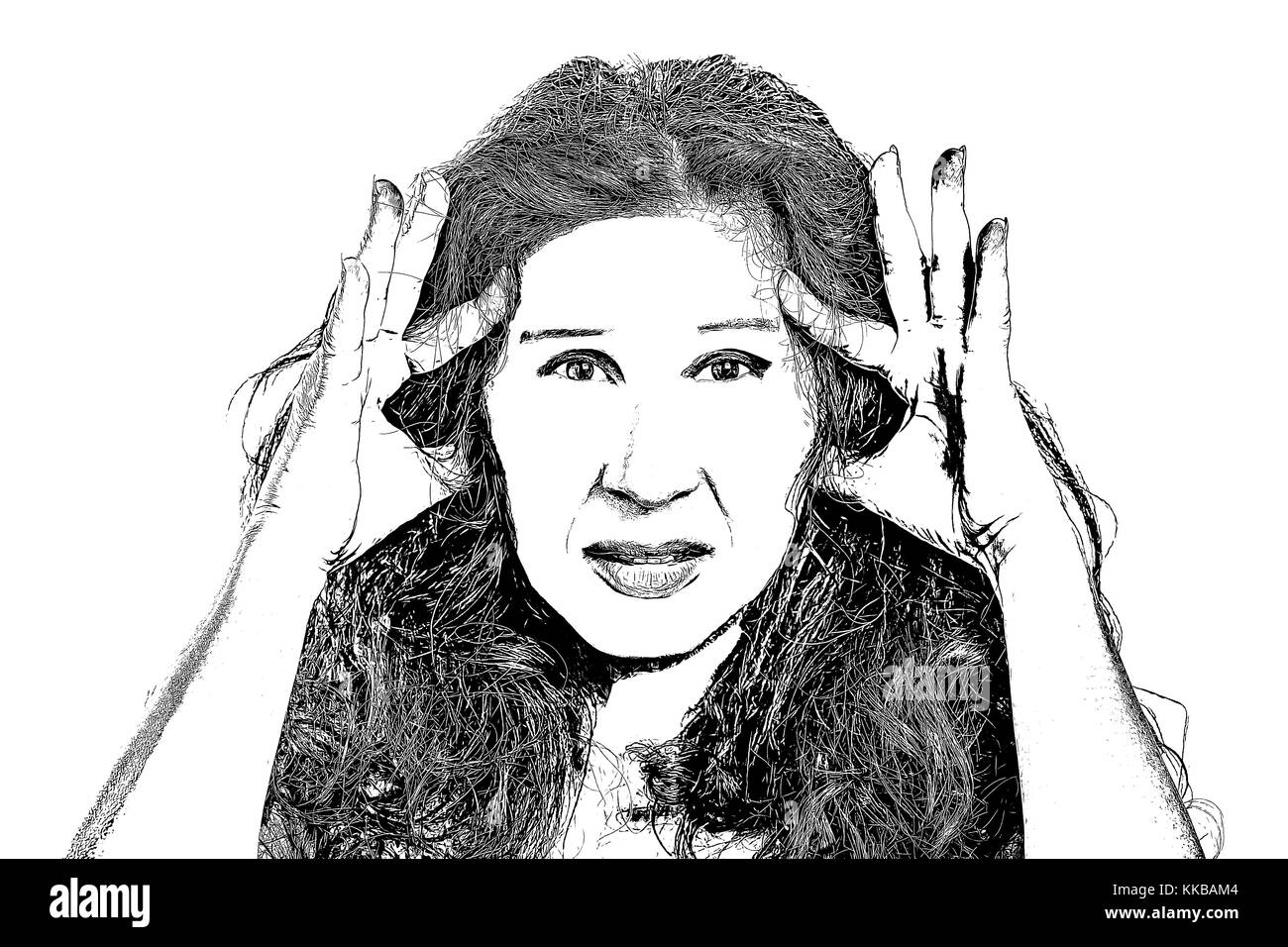 pencil draw of woman holding her head with fingers while suffering a painful headache Stock Photo