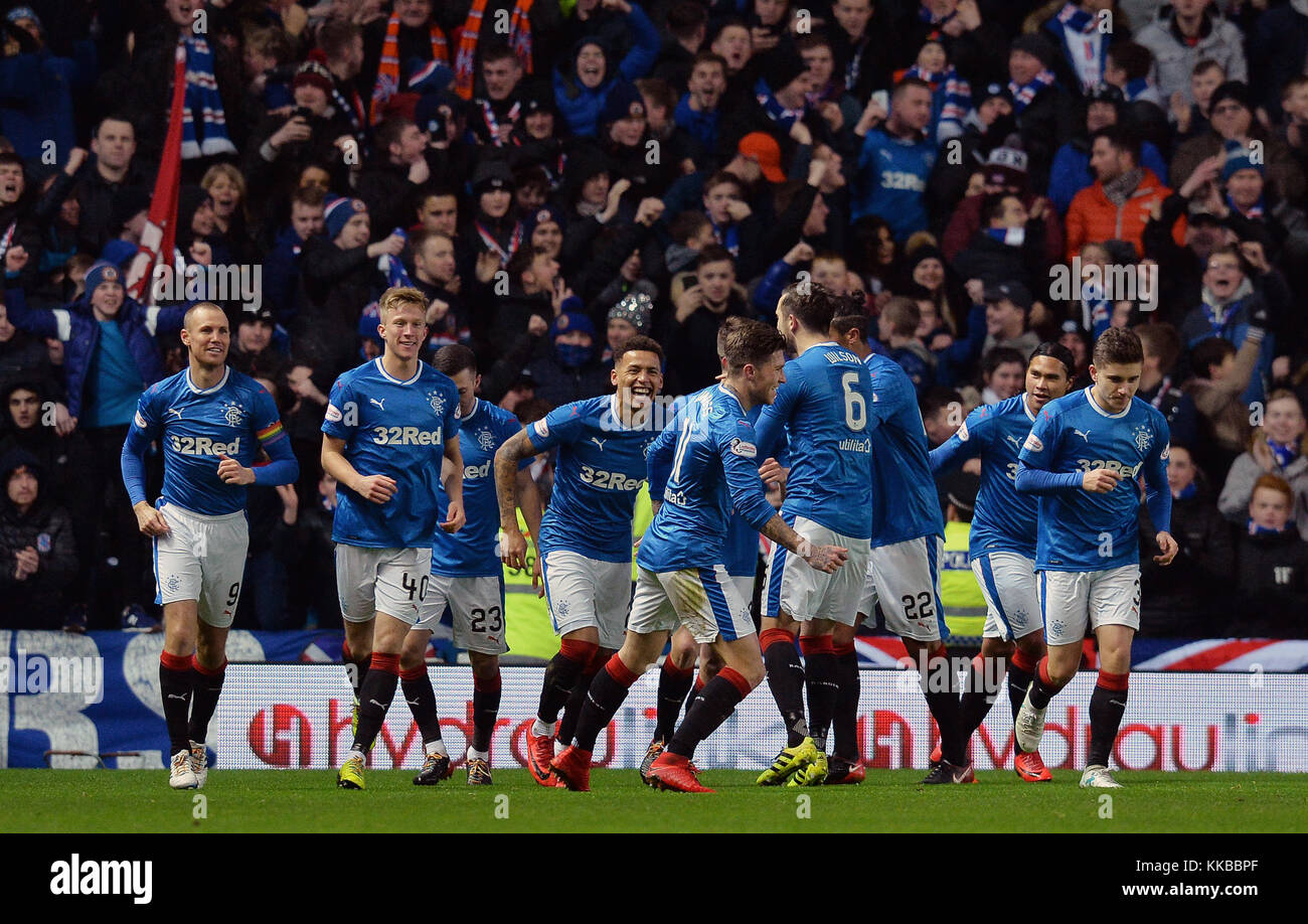 Rangers' James Tavernier celebrates scoring a goal from the penalty spot during the Ladbrokes Scottish Premiership match between Rangers and Aberdeen at the Ibrox Stadium, Glasgow. Stock Photo