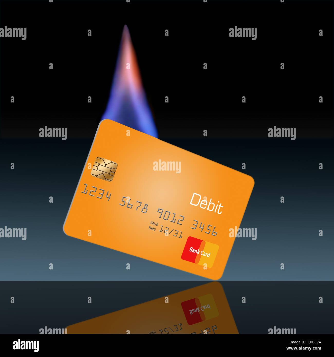 A flaming burning credit card represents a damaged card and goes with