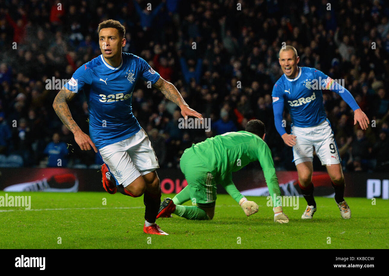 Rangers' James Tavernier celebrates scoring his second goal of the game during the Ladbrokes Scottish Premiership match between Rangers and Aberdeen at the Ibrox Stadium, Glasgow. Stock Photo