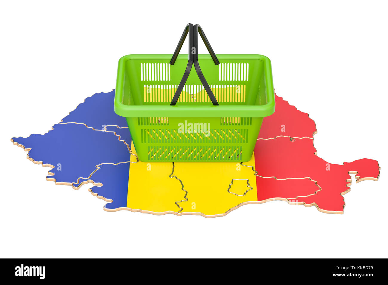 Shopping basket on Romania map, market basket or purchasing power concept. 3D rendering Stock Photo