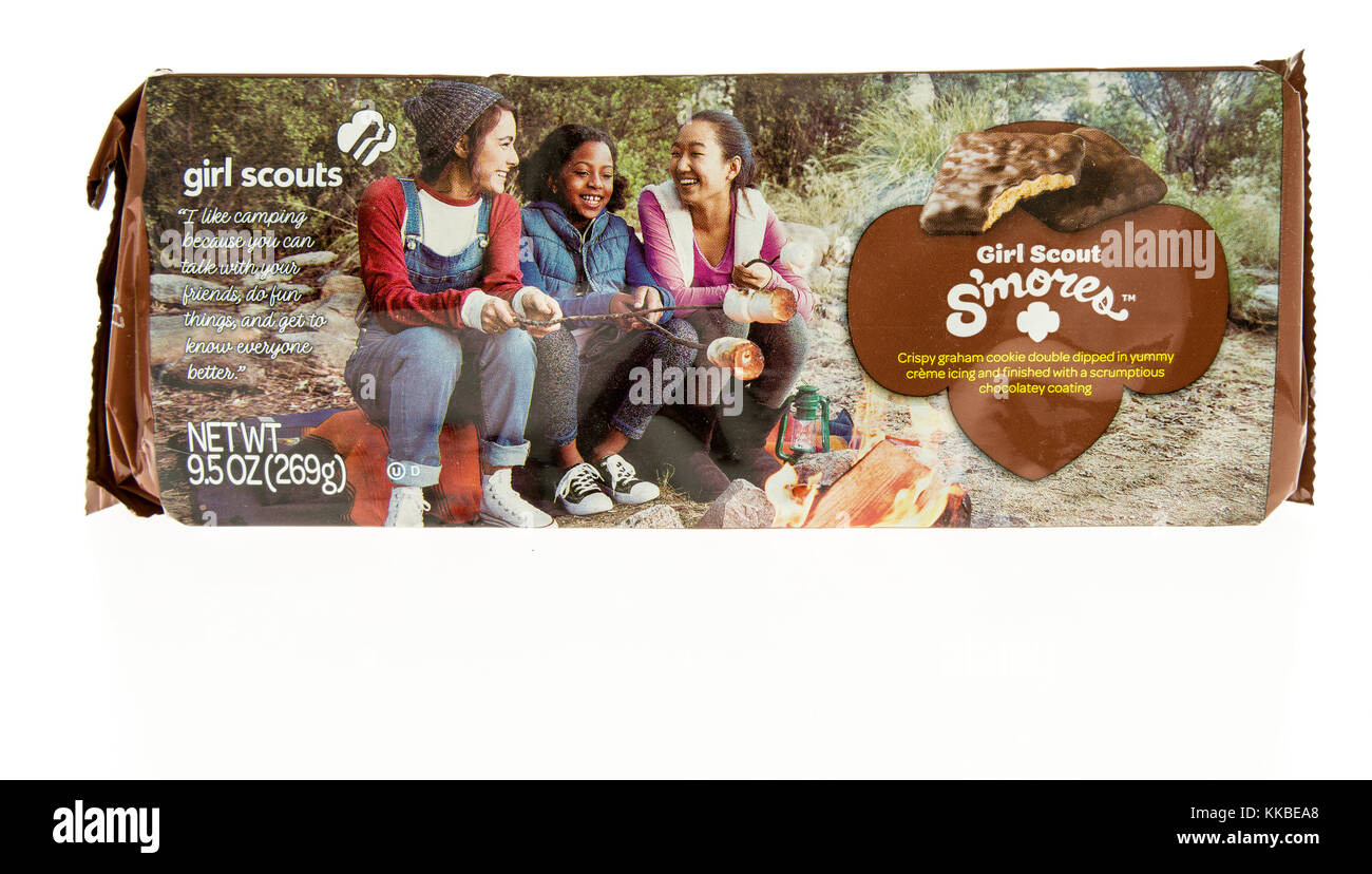 Winneconne, WI - 20 November 2017:  A package of s'mores girl scout cookies on an on an isolated background. Stock Photo