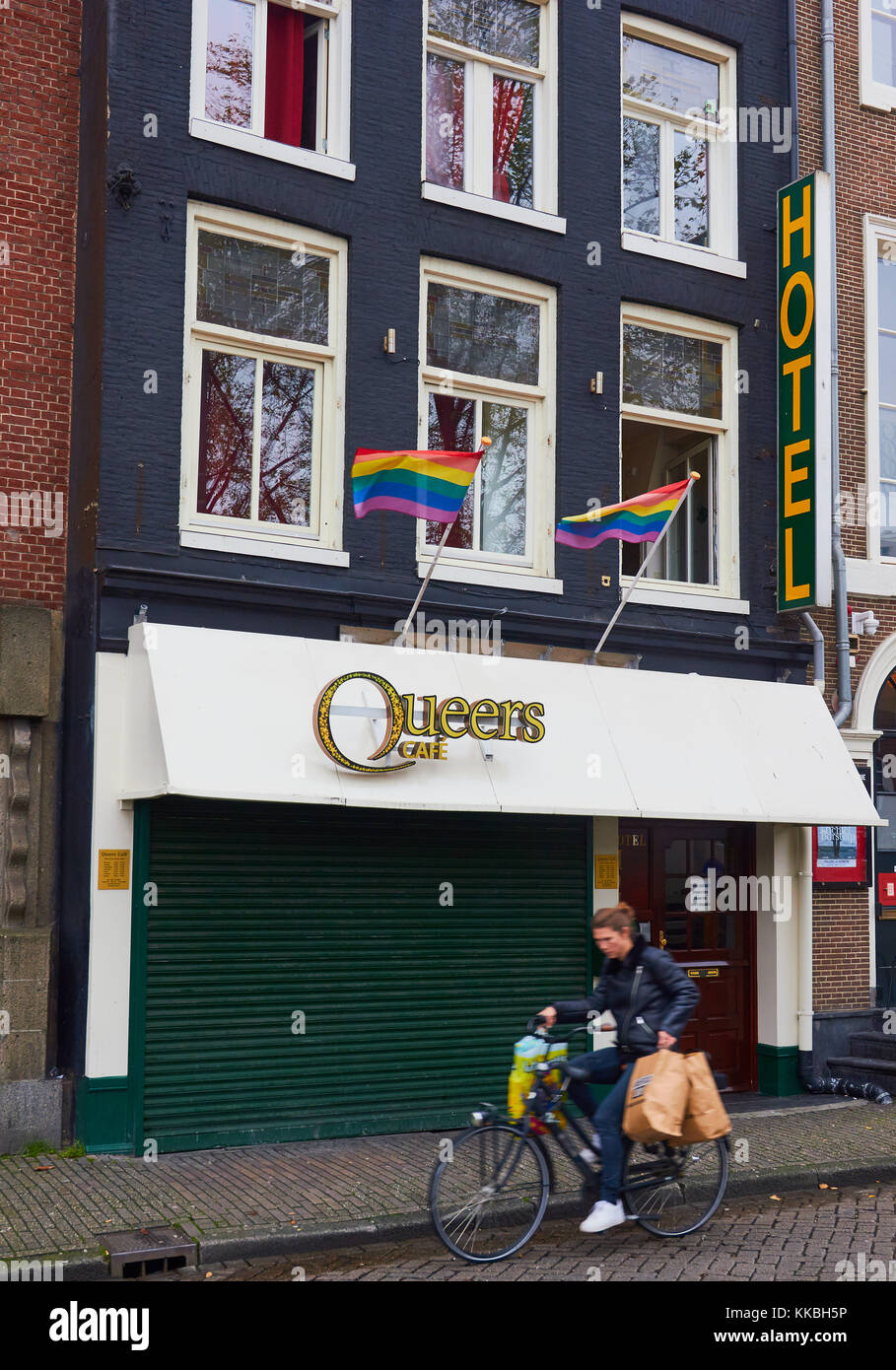 Rainbow flags on gay bar, Queers Cafe, Amsterdam, Holland Stock Photo