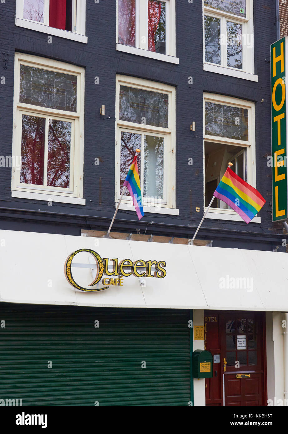 Rainbow flags on gay bar, Queers Cafe, Amsterdam, Holland Stock Photo