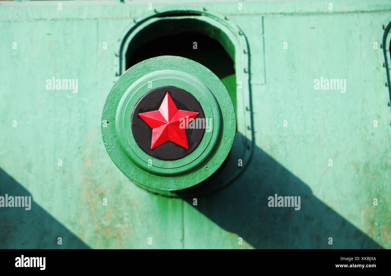 Close up view of turret barrel with red army star. Stock Photo