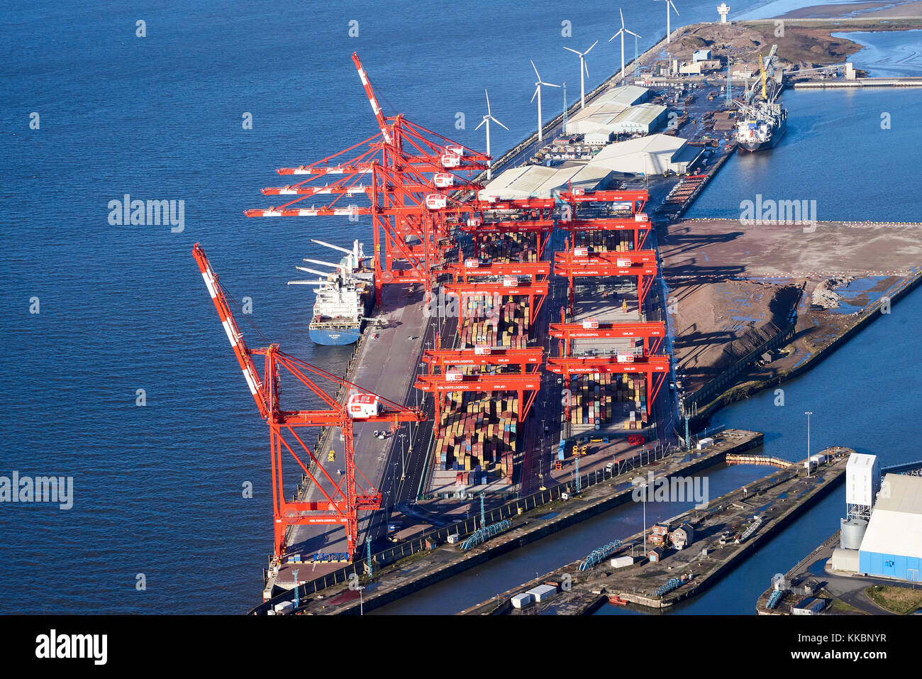 New Seaforth Dock container handling development, river Mersey. Liverpool, North West England, UK Stock Photo